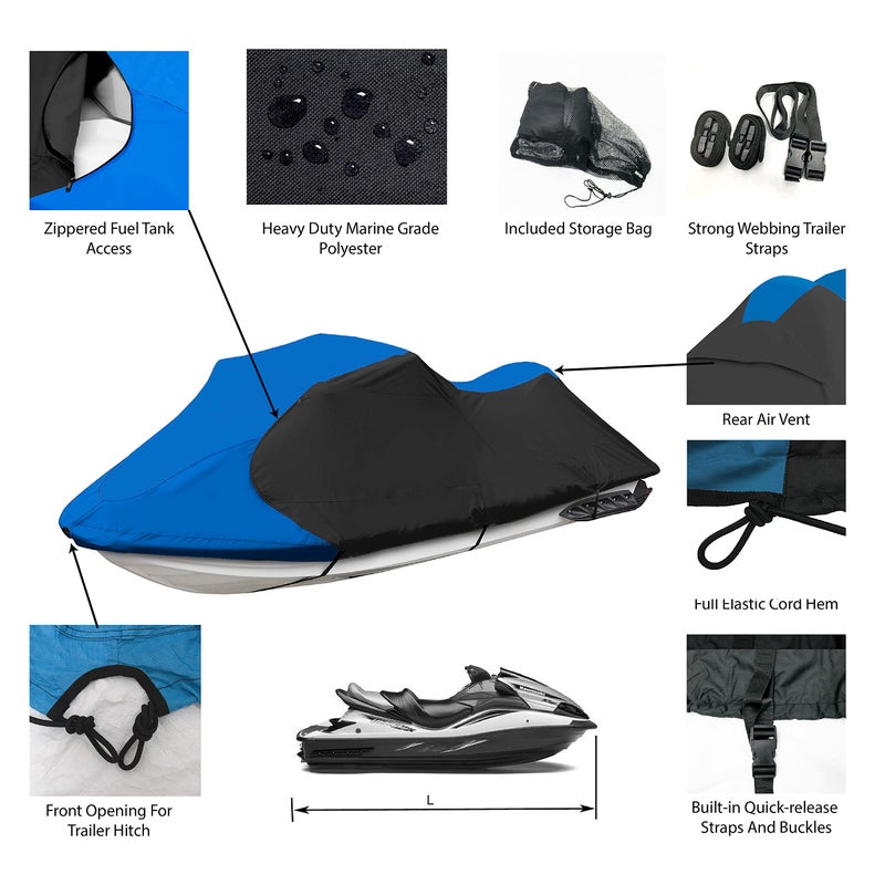JETPRO Trailerable Jet Ski Cover, Waterproof Marine Grade 600D Heavy Duty Polyester PWC Cover Blue/Black Color Fits from 116"-125" 2 Seater - Image 2
